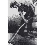 Clare Leighton - agricultural labourer using a scythe from ‘Four Hedges’, black and white woodcut, i