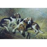 Manner of John Emms, oil on panel, Three hounds resting on hay, in gilt frame, 30 x 40cm