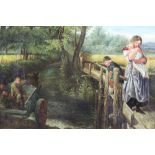 Victorian English School oil on canvas - figures on a bridge and others in a cart through a ford, in