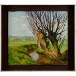 David Britton, contemporary, oil on board - Somerset Levels near Glastonbury, signed, framed, 38cm x