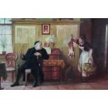 Mid 20th century Italian School, oil on board, An interior scene with a priest and a maid, indistinc