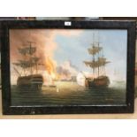 James Hardy, 20th century, A Sea Battle off a city, oil on canvas laid on