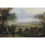19th century English School oil on canvas - an extensive landscape with a sportsmen with his dogs, i
