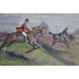 Ronald Ossory Dunlop (1894-1973), oil on board, A hunting scene with riders jumping a ditch, signed,
