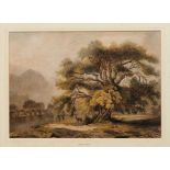 Attributed to Samuel Howitt (c.1765-1822) watercolour - stag beneath an oak tree in mountainous land