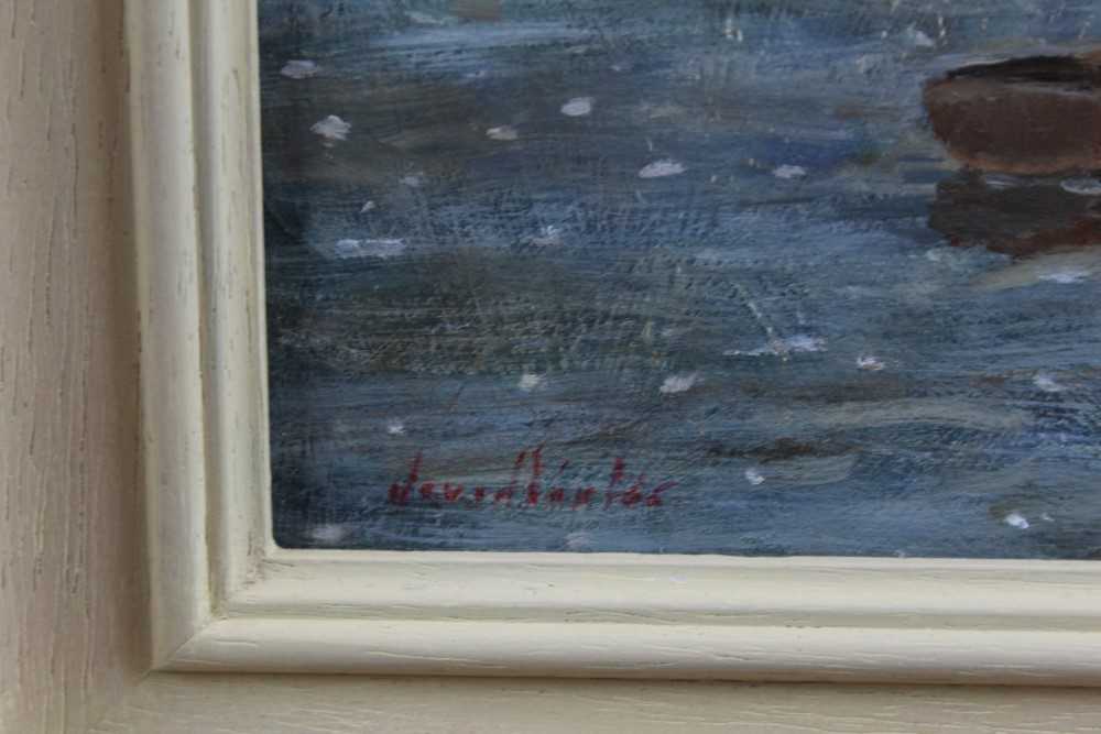 David Baxter of Norwich, oil on board, Sailing vessels at anchor on The Orwell, signed with initials - Image 3 of 4