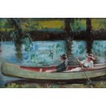 Manner of Sir Alfred J. Munnings P.R.A. (1878-1959), oil on board, Two ladies in a canoe on the Rive