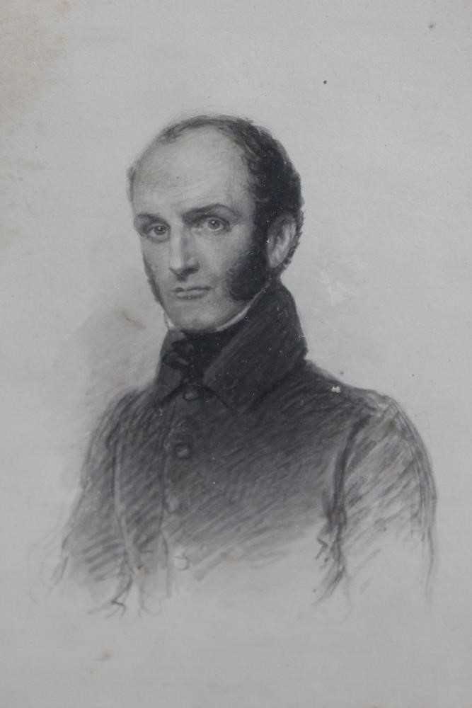 1830s English School monochrome watercolour portrait of a gentleman, inscribed verso 'Lt. J. Walpole