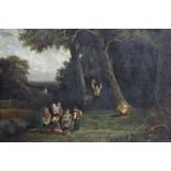 19th century oil on canvas - figures in rural woodland landscape