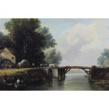 19th century English School, oil on canvas, A river landscape with a horse drawn hay wagon crossing