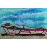 Linda Sutton, mixed media painting of a sunbathing woman, framed, signed lower right, titled 'The Be