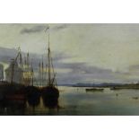 19th century English School, oil on panel, A continental harbour scene with many figures on the quay