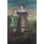 19th century American School, a naive oil on canvas of two children standing in a landscape, in gilt