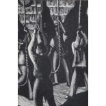 Clare Leighton - Bell Ringers, 1937, black and white woodcut in glazed frame, 13.5cm x 10.5cm