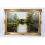 Peter Snell (b.1935), oil on canvas - river landscape, signed, in gilt frame