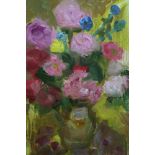 Annelise Firth (b.1961) oil on board - still life of roses, signed verso, framed, 60cm x 45cm