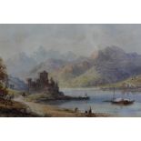 Mid 19th century English School watercolour - castle on a lake, indistinctly signed and dated 1846,