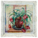 Edith Lewis King, mid 20th, oil on canvas - still life of tulips, signed, in painted frame