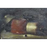 Continental School, 19th century, oil on board - still life of a clay pipe and pots, in decorative g