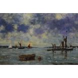 David Baxter of Norwich, oil on board, Sailing vessels at anchor on The Orwell, signed with initials