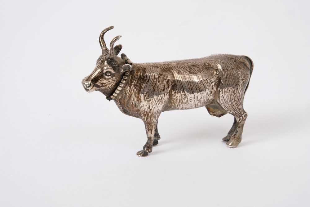 19th century Continental silver box naturalisticaslly modelled as a cow with hinged head, import mar