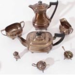 George VI silver four piece tea and coffee set- comprising teapot of compressed baluster form, hinge