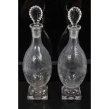 Good quality pair of Regency cut glass decanters, with faceted pear-shaped stoppers, on square bases