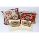 Pair of cushions utilising 19th century floral embroidery, two others