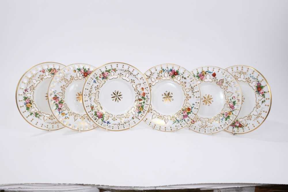 Set of six late 19th century Bohemian overlaid glass dessert plates.