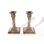 Pair Edwardian silver candlesticks with fluted columns, candle holders with acanthus leaf decoration