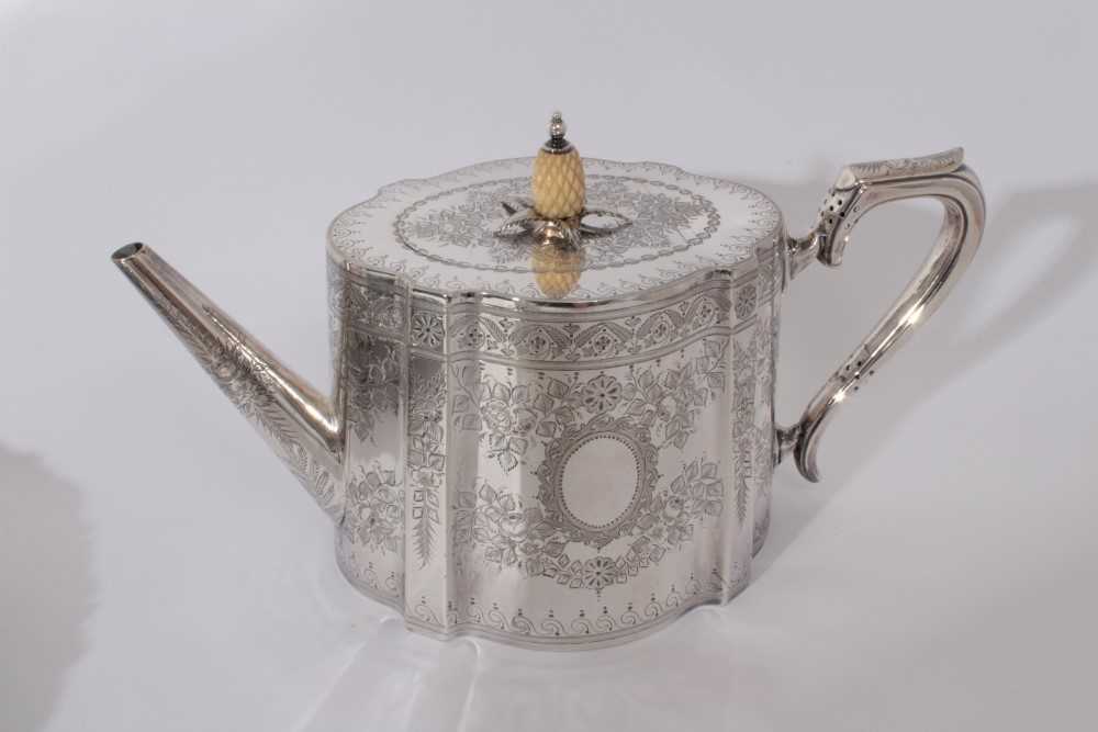 Good quality Victorian silver plated four piece teaset with engraved floral and foliate decoration, - Image 5 of 7