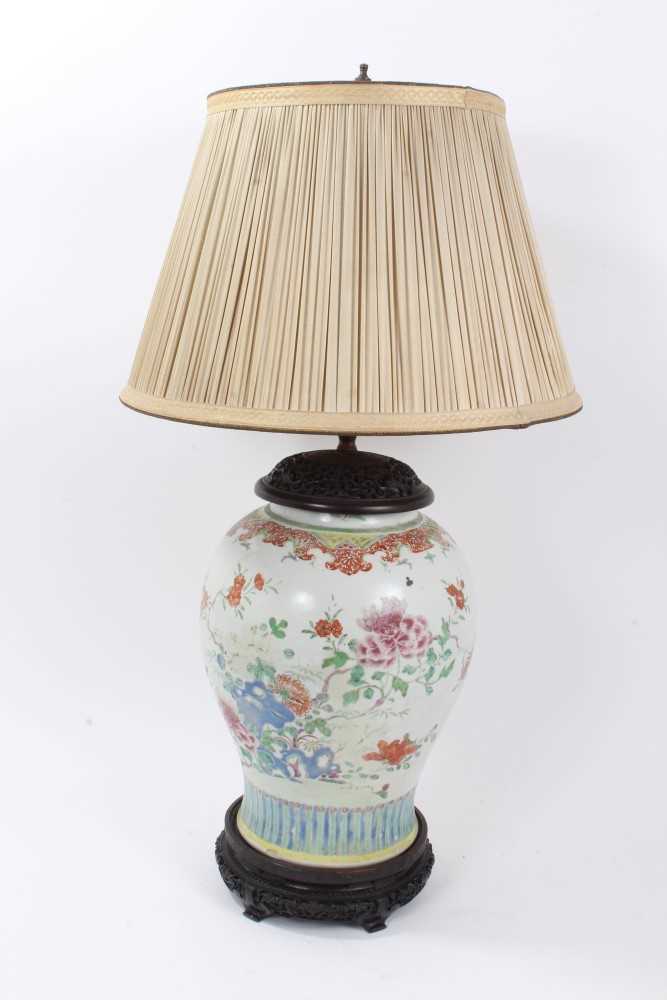 Large 18th/19th century Chinese famille rose porcelain baluster jar, painted with peonies and other