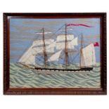 19th century woolwork embroidered ship picture