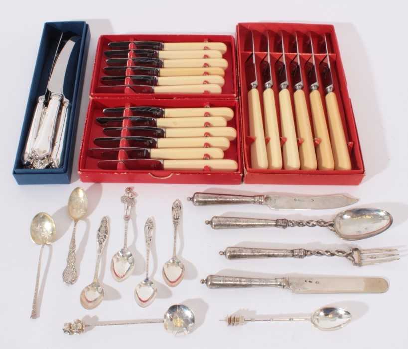 Group of eight foreign silver souvenir spoons, together with Danish silver cutlery, three cased sets