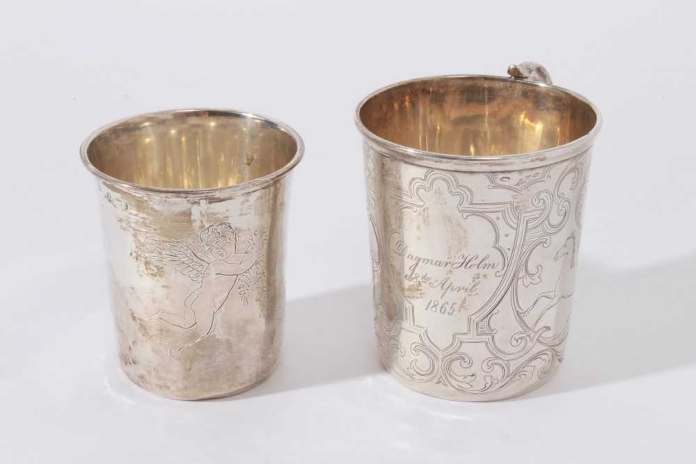 19th Century Danish Silver Christening mug with engraved decoration of Birds and Animals amongst scr