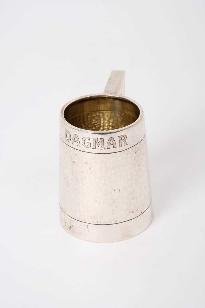 Unusual early 20th Century Scandinavian silver Christening mug with band of planished decoration bel