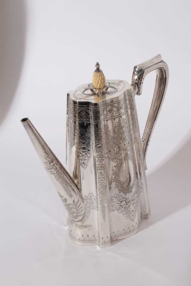 Good quality Victorian silver plated four piece teaset with engraved floral and foliate decoration, - Image 3 of 7