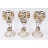 Fine set of nine 19th century Bohemian glass goblets, the round bowls on hollow raspberry-prunted st