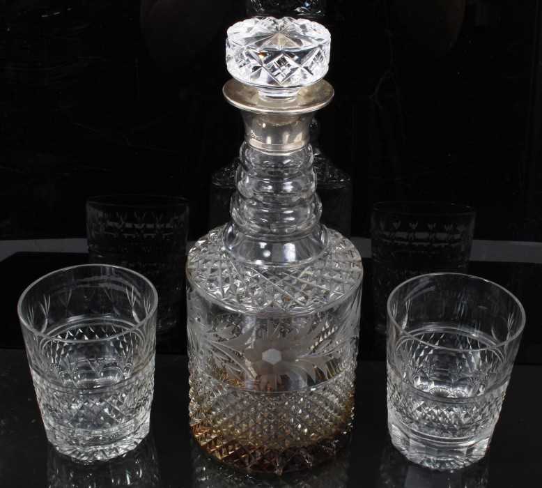 Silver mounted cut glass decanter and pair of brandy glasses