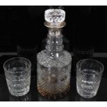 Silver mounted cut glass decanter and pair of brandy glasses
