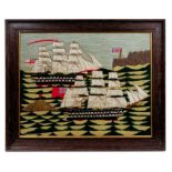 Good 19th century woolwork embroidered ship picture, 37 x 49cm