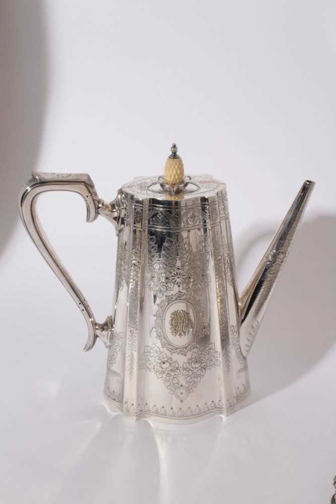 Good quality Victorian silver plated four piece teaset with engraved floral and foliate decoration, - Image 2 of 7