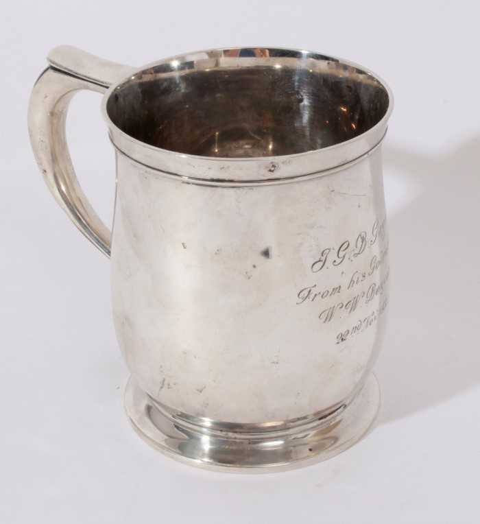 George V Silver Christening mug of baluster form, with loop handle and engraved presentation inscrip