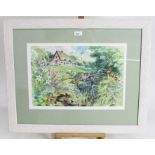 Peter Partington, contemporary, signed pencil and watercolour - spring time garden with birds and an