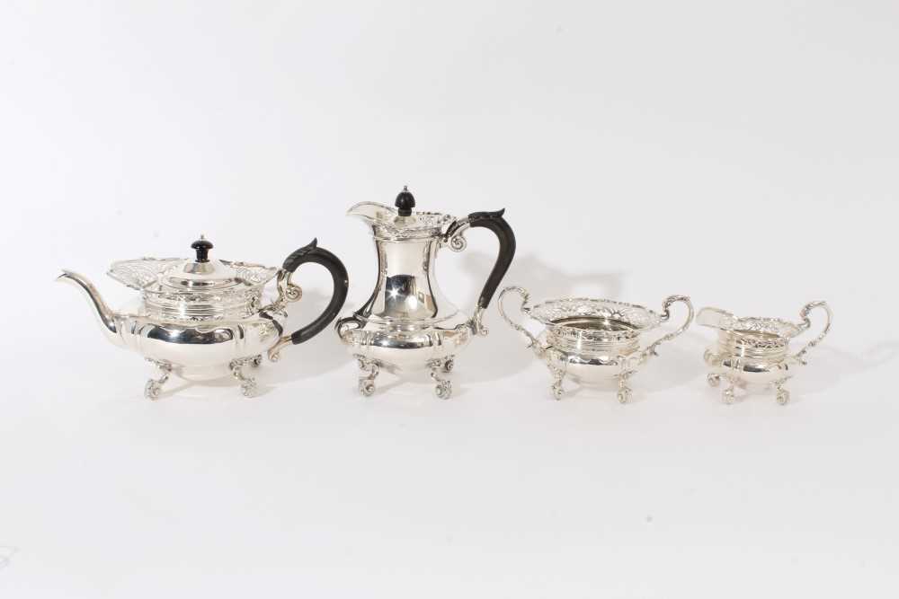 Fine quality Edwardian silver four piece tea and coffee set - comprising teapot of cauldron form, wi