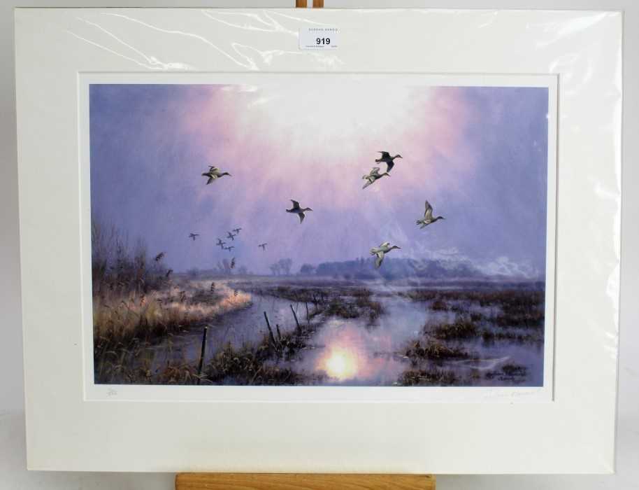 Julian Novorol (b.1949) signed limited edition print - wigeon in flight over the marshes, 54/250, mo