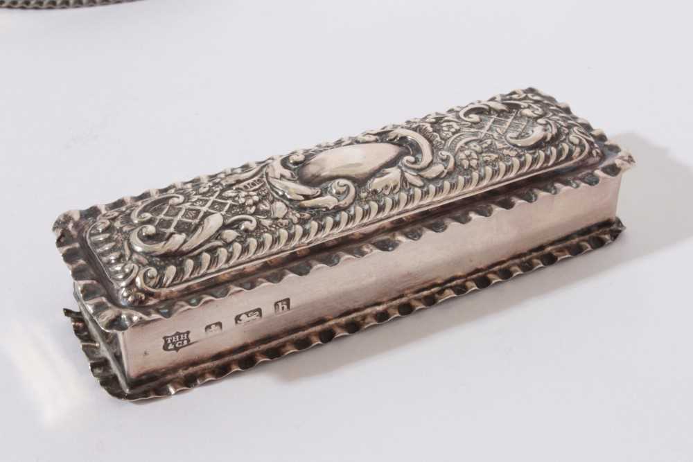 Late Victorian silver trinket box of rectangular form with hinged cover and embossed decoration (Bir - Image 4 of 13