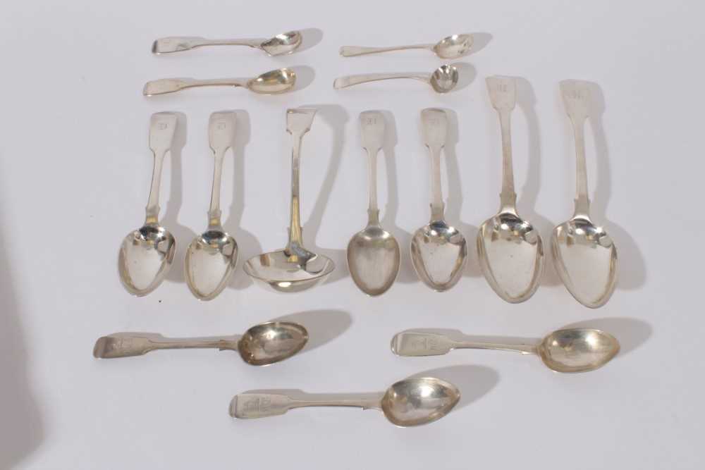 Pair of George III fiddle pattern table spoons (London 1798) together with other Georgian and later