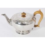 George IV silver teapot of bullet form with chased scroll and shell decoration, engraved Ducal crown