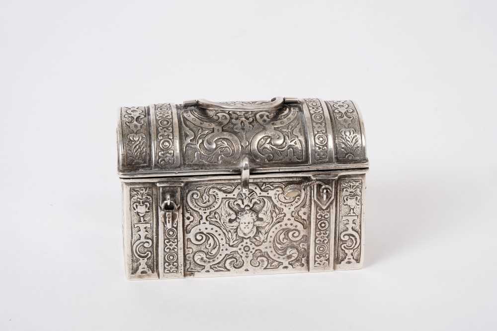 19th century Dutch silver casket of rectangular form with overall chased decoration, domed hinged co